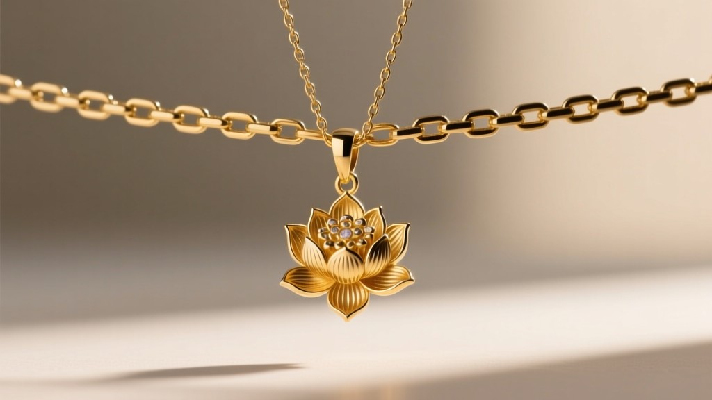 Macro view of a thin chain sagging under a lotus pendant next to a sturdy box chain holding the heavy gold piece perfectly level.