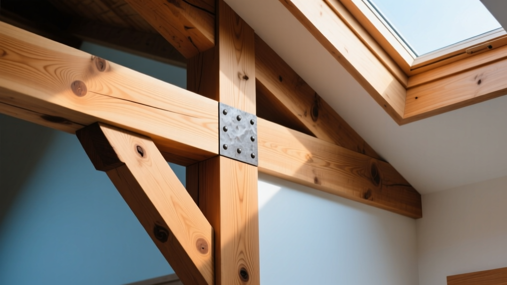 Heavy timber frame corner showing thick white oak knee braces and structural cedar fascia trim protecting roof truss ends