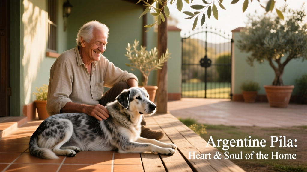 An elderly Argentine Pila resting peacefully beside its owner on a sunlit porch, illustrating the breed's enduring loyalty and gentle presence