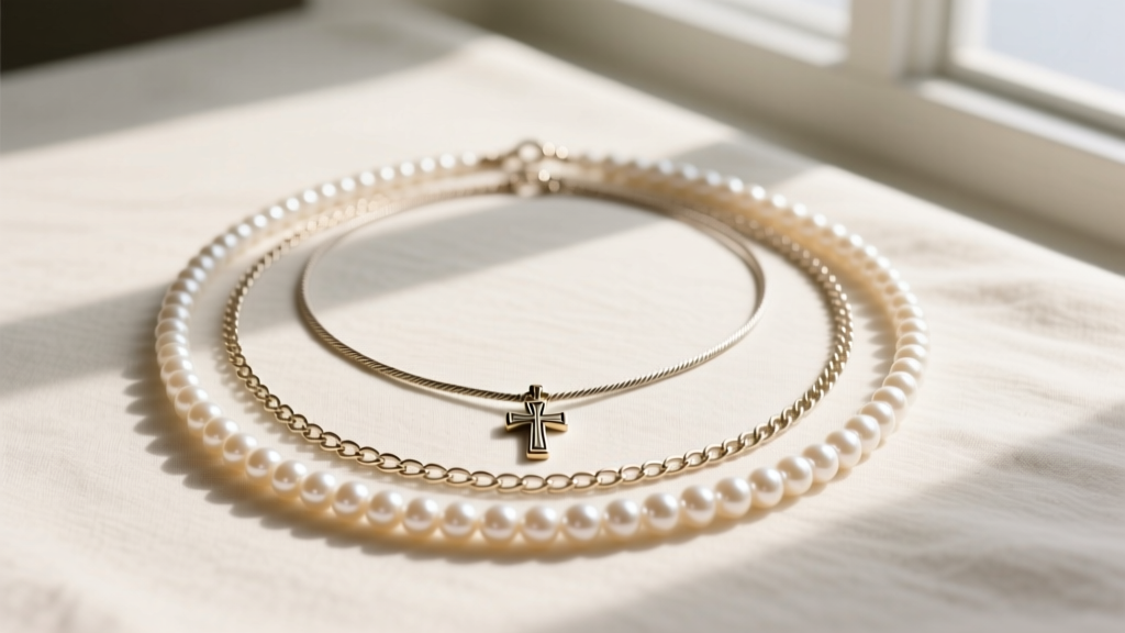 Flat lay of layered necklaces with a small St Brigid cross pendant on a 16-inch cable chain paired with a 20-inch pearl strand
