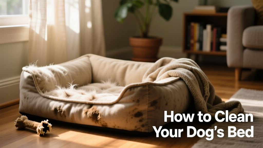 Close-up of a cozy, well-used dog bed with visible pet hair and light soiling