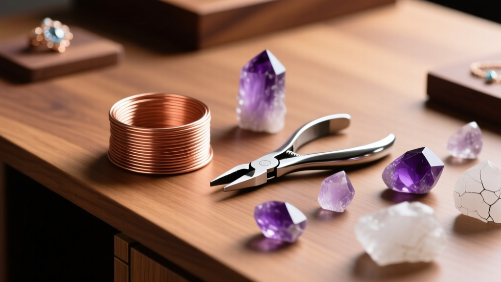 Wooden desk with 20-gauge copper wire, jewelry pliers, and raw amethyst crystals under warm, soft directional studio lighting.