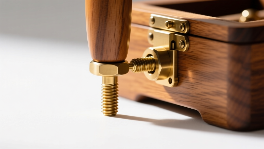Close-up of a brass threaded insert and machine screw securing a tapered wooden leg to the base of an oak jewelry box with legs.