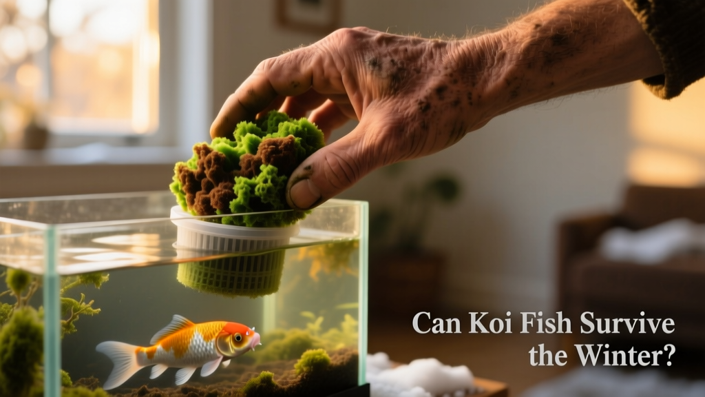 Hand placing mature bio-media from an outdoor pond filter into a compact indoor aquarium filter