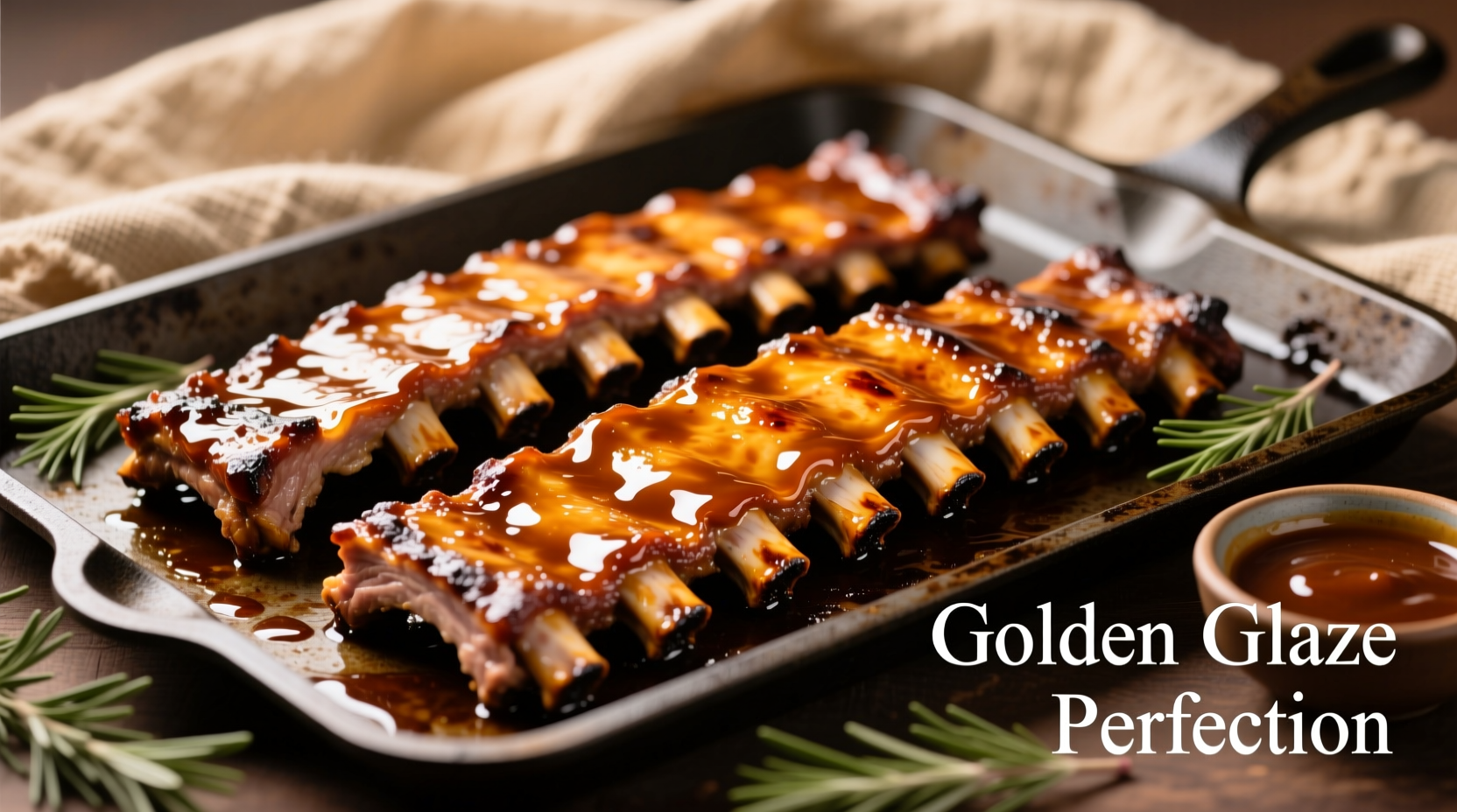 Perfectly cooked spare ribs on baking sheet with golden glaze