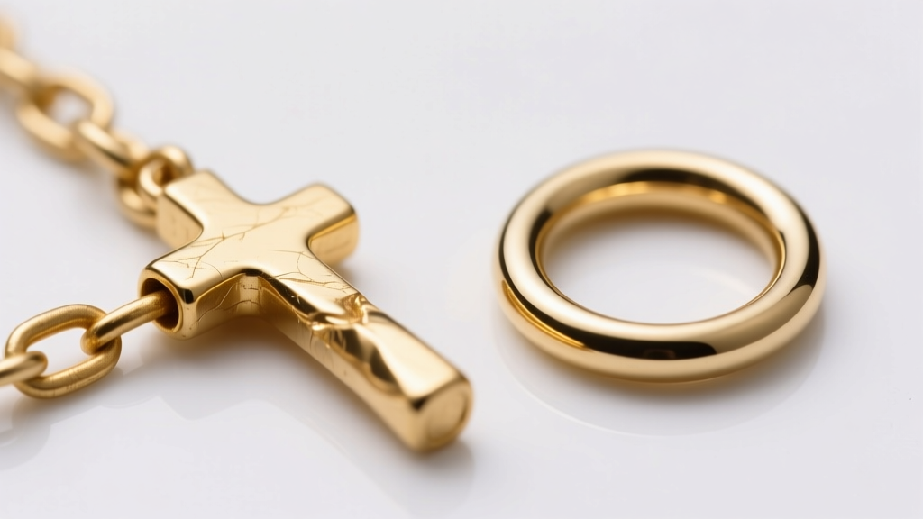 Macro comparison of a bent 18k gold rosary link versus a perfectly intact, rigid 10k gold jump ring under bright studio lighting.