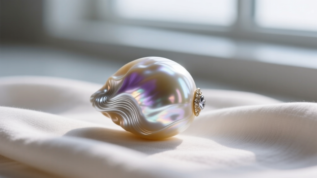 Macro shot of a baroque pearl on a folded microfiber cloth, showing intricate surface ridges and soft iridescent silver overtones