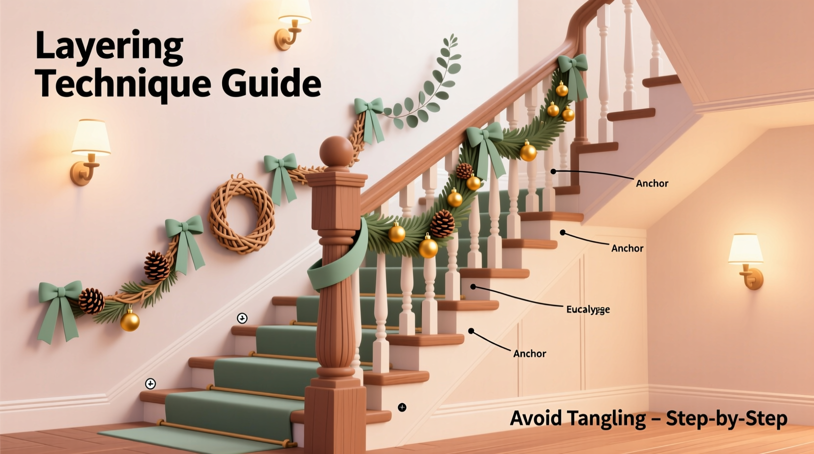 how to layer multiple garlands on a staircase without tangling