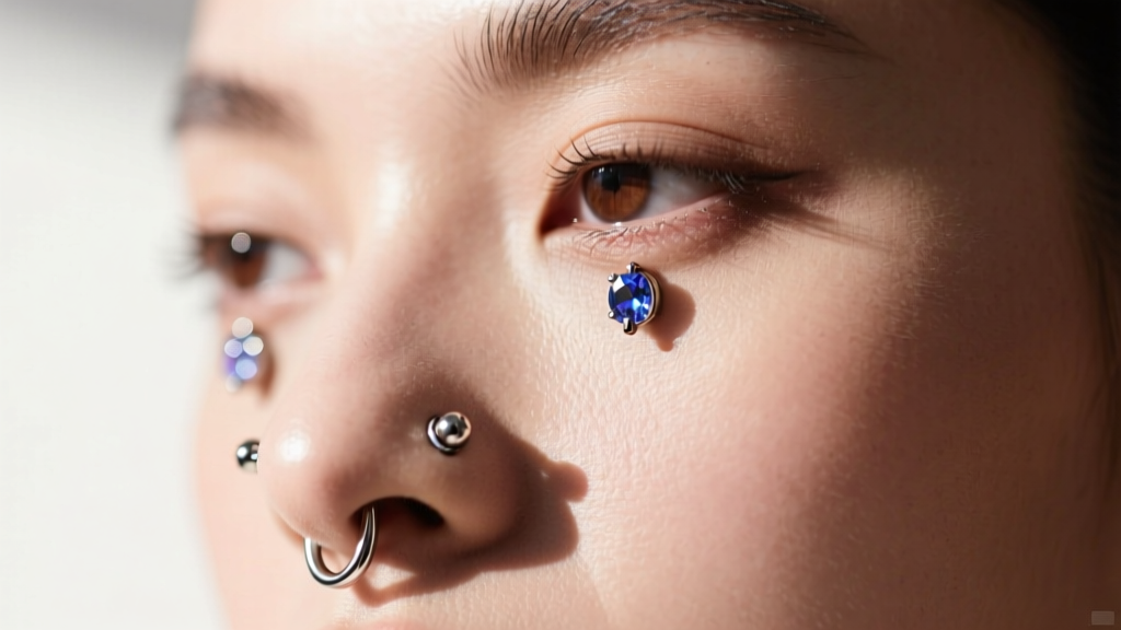 Close-up of dual high-nostril mantis piercings with 18g titanium flat-back labrets and 2mm bezel-set sapphire ends on a model.