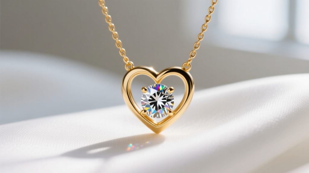 Macro shot of a 14k gold love necklace diamonds pendant on white silk, soft lighting highlighting the brilliant gemstone facets.