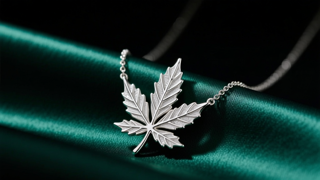 Close-up of a 925 sterling silver pot leaf necklace on dark emerald silk, soft studio lighting highlighting intricate leaf veins.