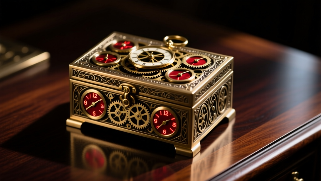 Close-up of a heavy brass mechanical puzzle jewelry box with gothic dials on a dark mahogany desk under moody, cinematic lighting.