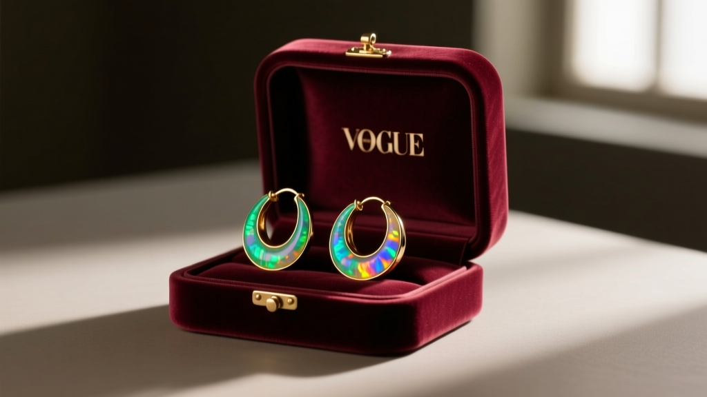 Open velvet-lined jewelry box holding Ethiopian opal hoop earrings, stored safely away from direct sunlight in a dimly lit room.
