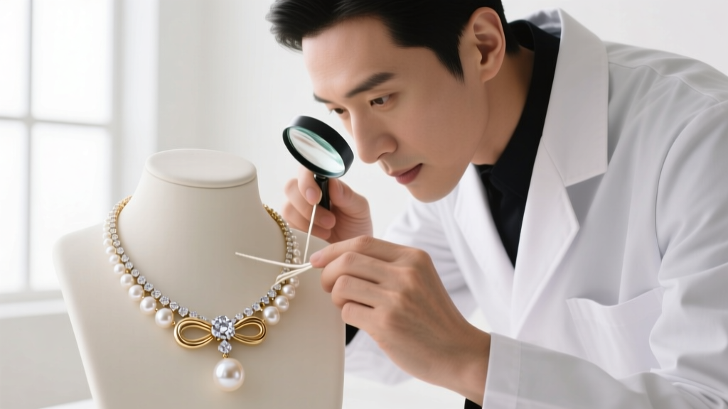 Jeweler using a loupe to inspect the diamond clasp and silk knotting on a white gold diamond pearl necklace under bright lighting.