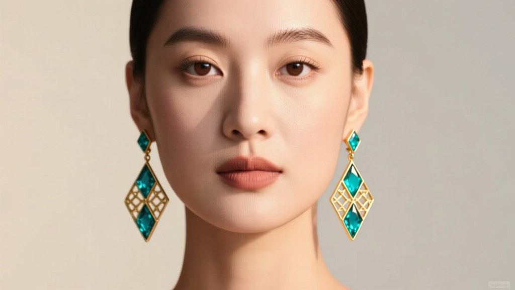 Woman wearing angular turquoise and gold dangle earrings that elegantly elongate her round face shape under soft studio lighting