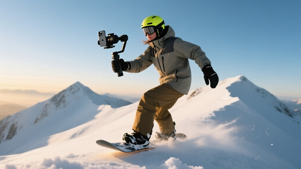 Snowboarder on a snowy mountain peak using a ruggedized smartphone mounted on a DJI gimbal while wearing insulated gloves