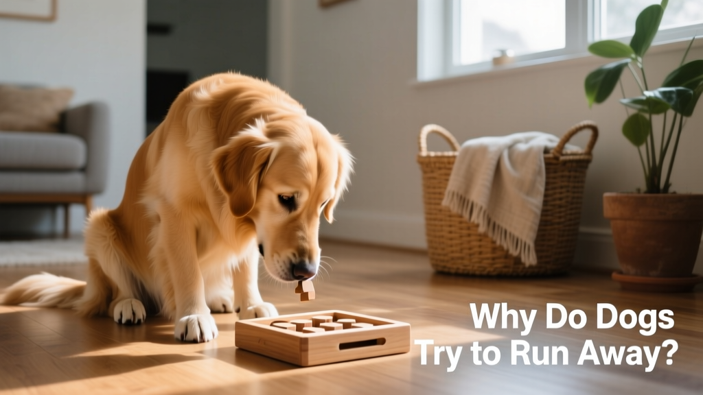 A dog engaged in a puzzle feeder activity indoors, focused and calm