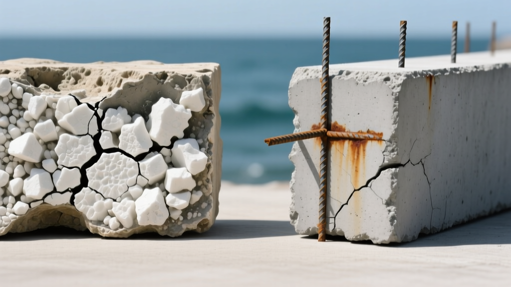 Side-by-side cross-section comparison of ancient Roman marine concrete with white lime clasts and modern gray Portland concrete with exposed steel rebar