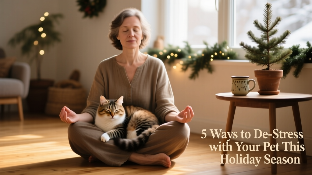 Person meditating peacefully with a cat curled on their lap