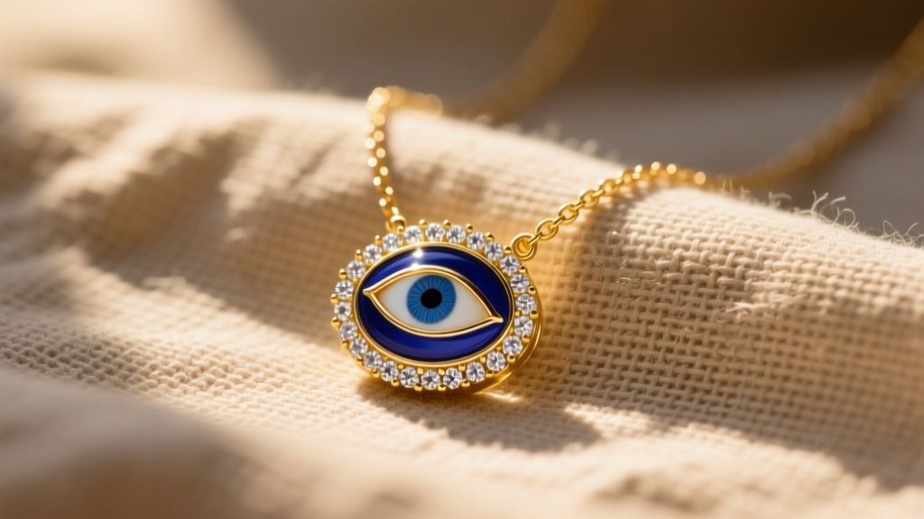 Flat lay of a 14k gold evil eye necklace with cobalt blue enamel and diamond halo, resting on textured linen in warm sunlight