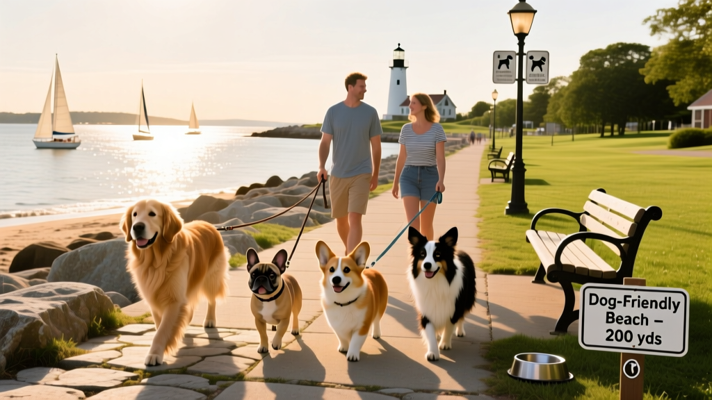 A sunny coastal scene in Portland, Maine, with dogs walking along the Eastern Promenade and Casco Bay in the background