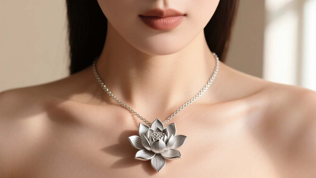 Close-up of a model wearing a 1.5mm wheat chain and a 3D silver lotus bloom necklace, lit by soft natural window light.