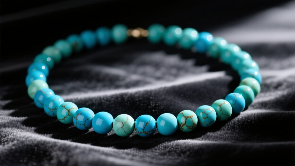 Close-up macro photography of a high-grade Sleeping Beauty turquoise beaded necklace resting on dark charcoal velvet fabric.