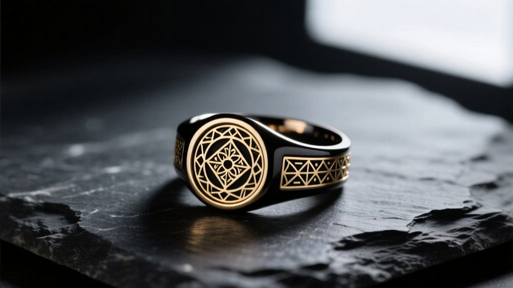 A matte black gold signet ring resting on dark slate, with moody lighting highlighting intricately laser-etched patterns.