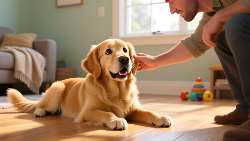 Golden Retriever Frankie lying on the floor, looking adorably conflicted as dad reaches toward him