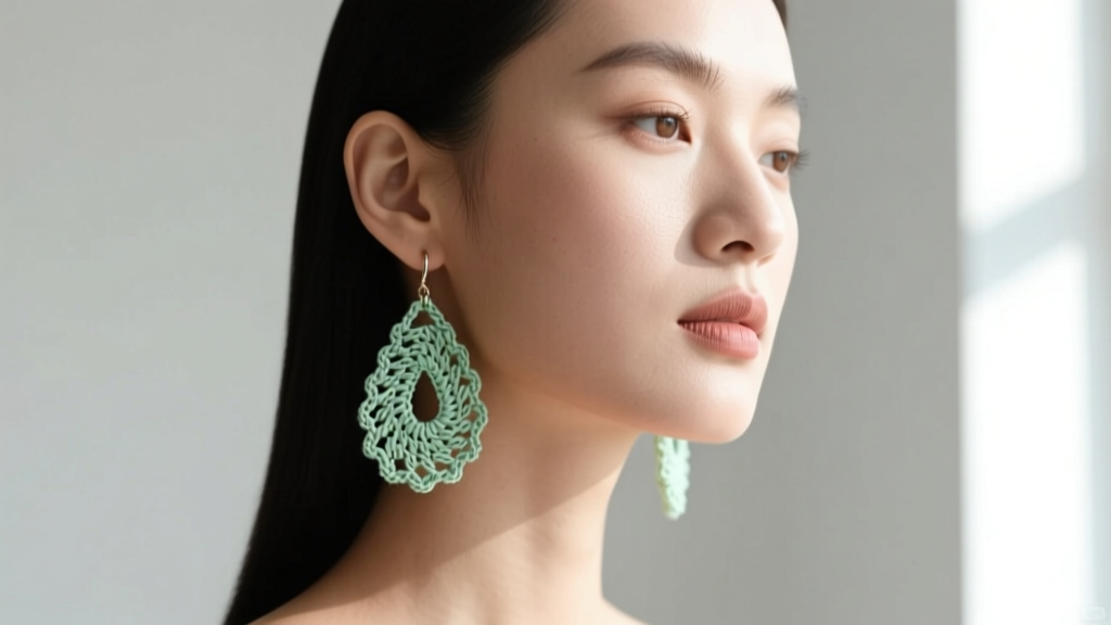 Model wearing delicate sage green micro-crochet teardrop dangle earrings, soft natural window lighting highlighting thread texture