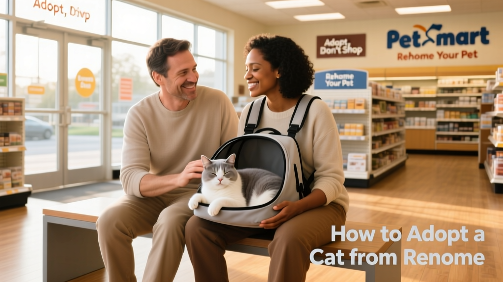 Two people sitting on benches in a bright, clean PetSmart store area, gently interacting with a relaxed cat in a carrier