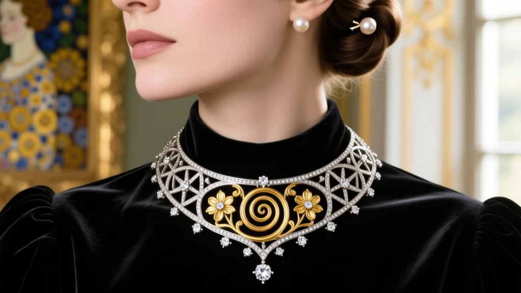 Edwardian platinum and diamond plaque de cou choker on dark velvet, styled in the aesthetic of early 1900s Gustav Klimt portraits