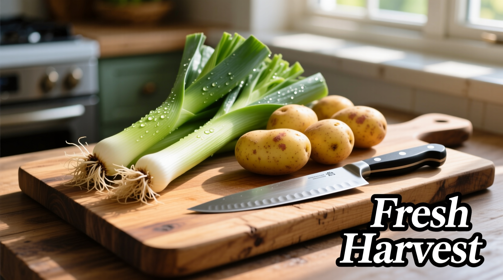 Fresh leeks and potatoes on wooden cutting board
