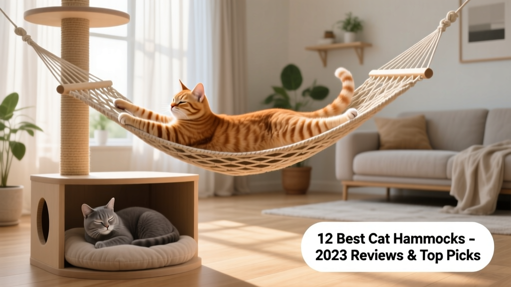 A ginger cat stretching across the hammock of the tall FurPetVo cat tree, with another cat resting in the lower condo