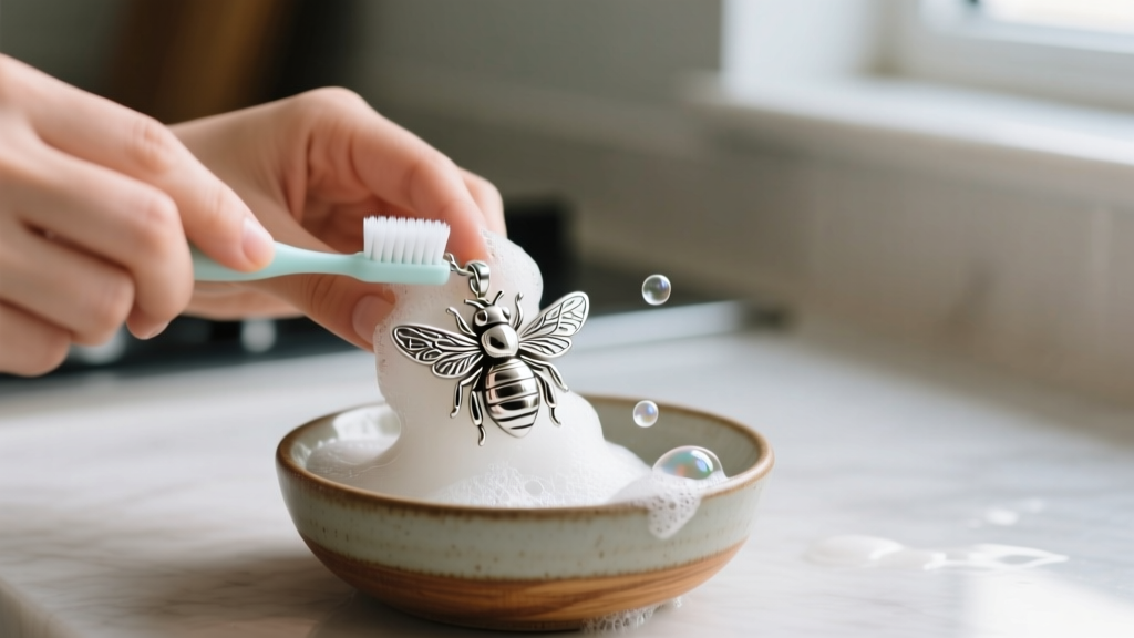 Hands gently scrubbing a silver bee pendant with an extra-soft baby toothbrush and mild soapy water in a small ceramic bowl.