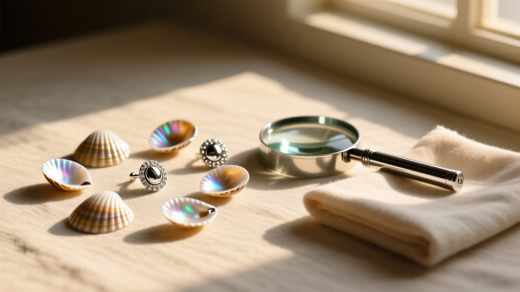 Flat lay of shell silver cowrie studs on linen, beside a 10x jewelry loupe and microfiber cloth in warm natural sunlight.