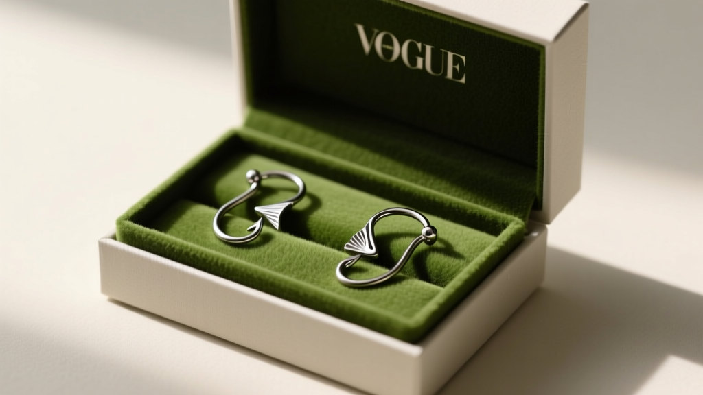 Elegant gift box with ASTM F136 implant-grade titanium fishhook ear wires, nestled in eco-friendly moss green suede lining.