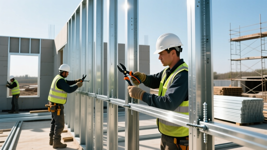 Commercial construction site showing workers installing galvanized steel studs and framing tracks with specialized screws and aviation snips