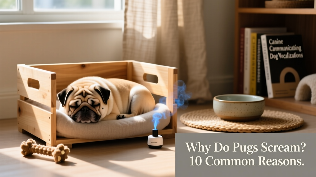 A pug curled up comfortably in a soft, well-ventilated crate with a chew toy and calming pheromone diffuser nearby