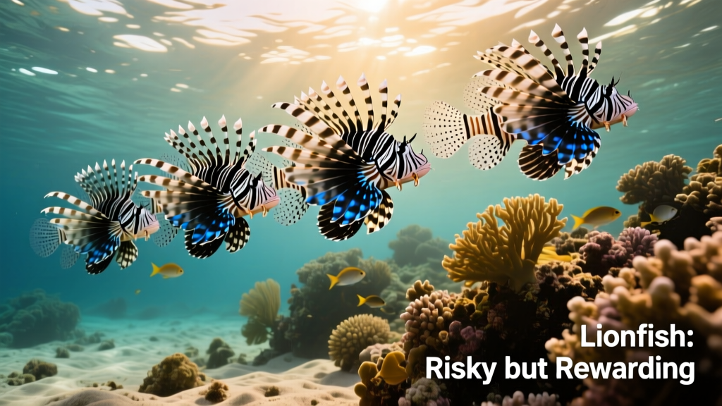Group of volitans lionfish swimming in coordinated formation near a reef edge, illustrating natural hunting behavior