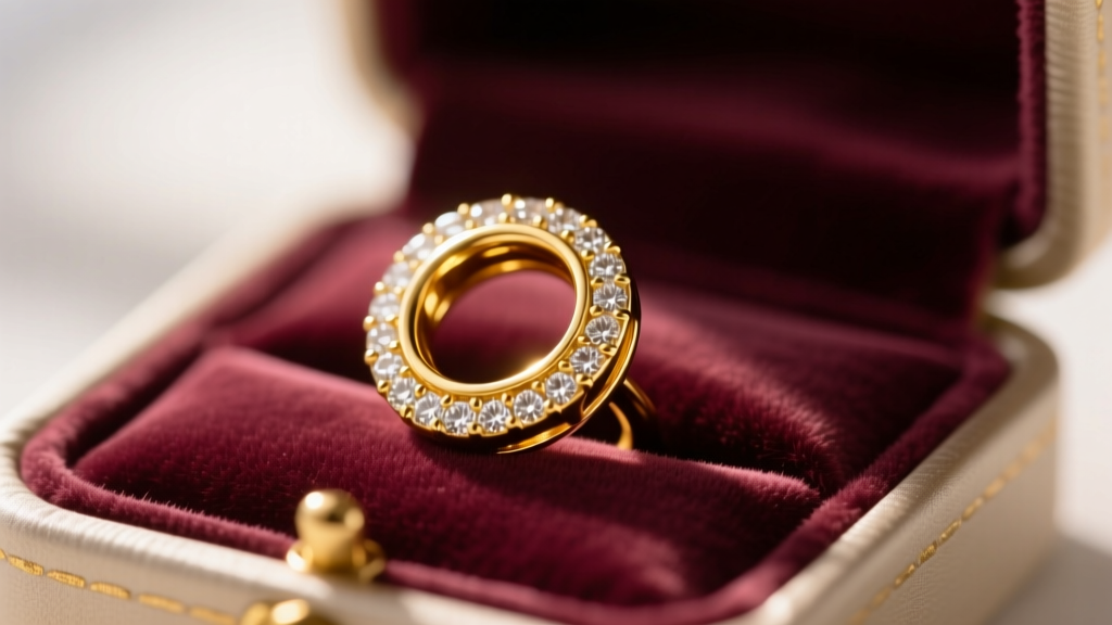 Macro shot of 14k yellow gold bezel-set LCI earring stored safely inside a velvet-lined, anti-tarnish jewelry compartment box.