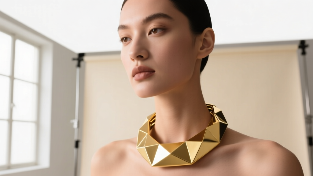 Model wearing a thick 18k gold vermeil chunky choker necklace with a matte finish against a minimalist cream studio backdrop.