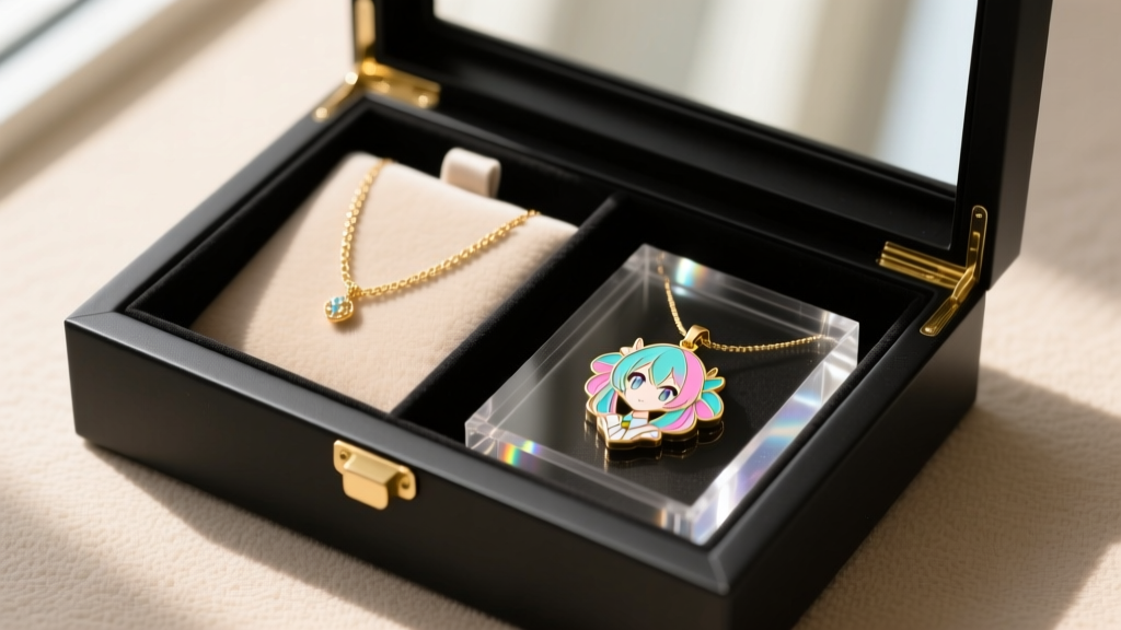 Jewelry storage box with anti-tarnish strips, showing separate compartments holding a gold chain and an enamel anime pendant.