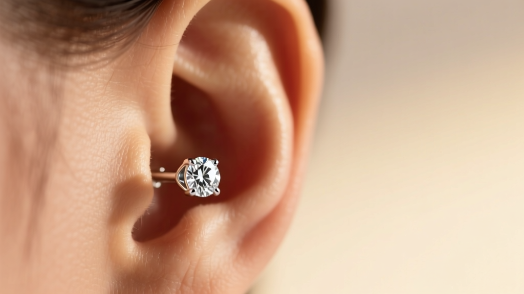 Close-up of an ear wearing a 5.2mm round diamond stud in a platinum martini setting under soft, warm studio lighting.