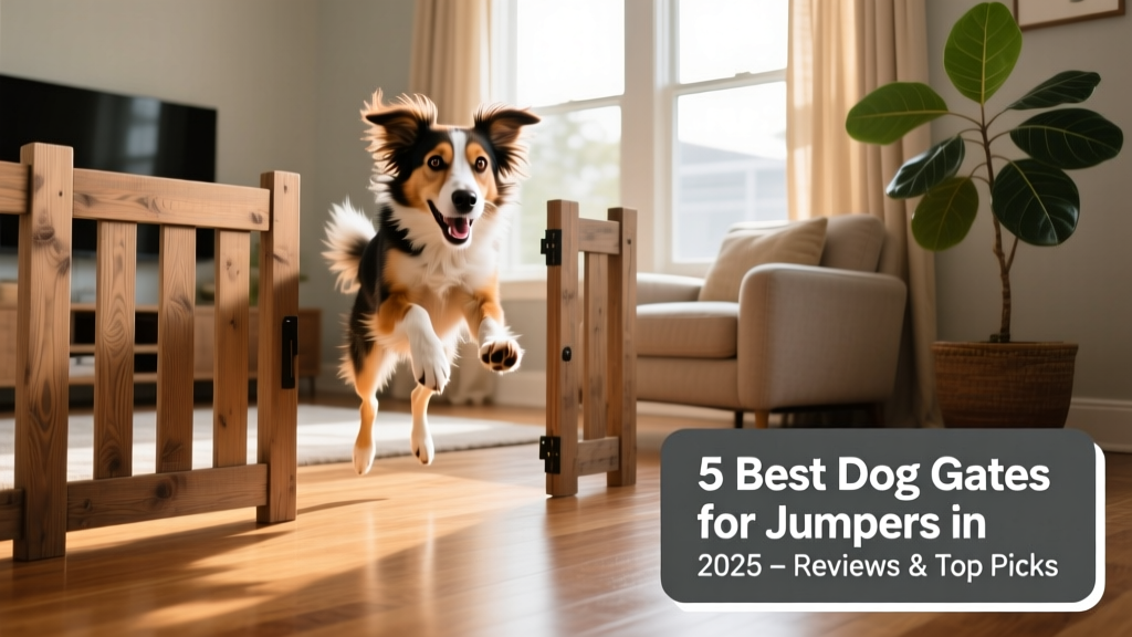 A medium-sized energetic dog attempting (and failing) to jump over a tall, freestanding wooden pet gate in a sunlit living room