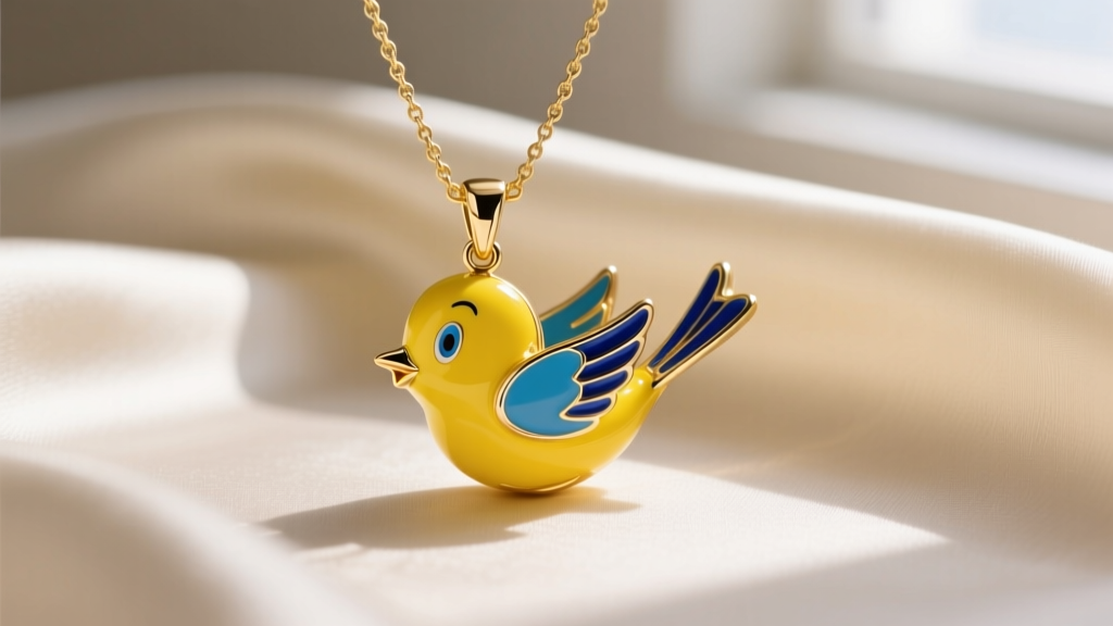 Close-up of a gold-plated Tweety Bird necklace pendant with yellow and blue cold enamel resting on a cream silk fabric background.
