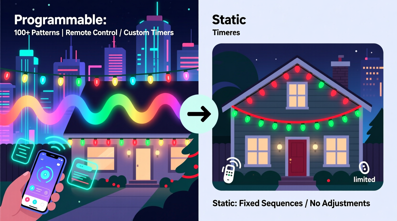 programmable vs static christmas light patterns which gives more flexibility