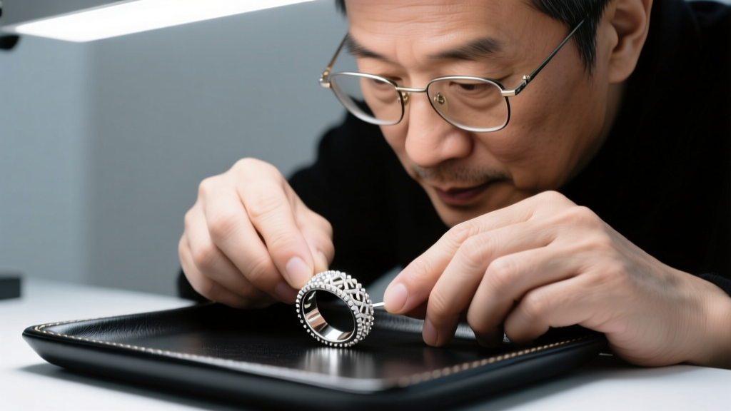 Master bench jeweler using a microscope to inspect milgrain detailing on a white gold custom eternity band under bright light