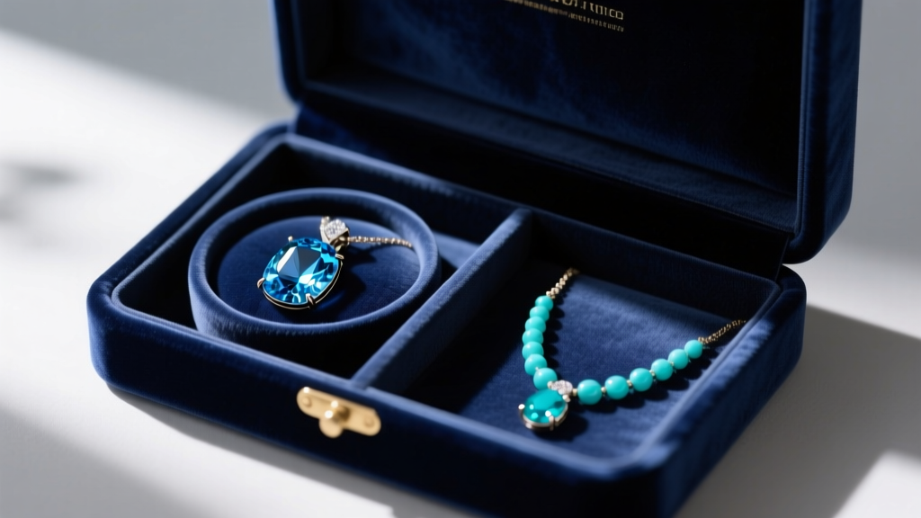 Open velvet jewelry box with separate compartments holding a blue topaz pendant and turquoise necklace to prevent gem scratching