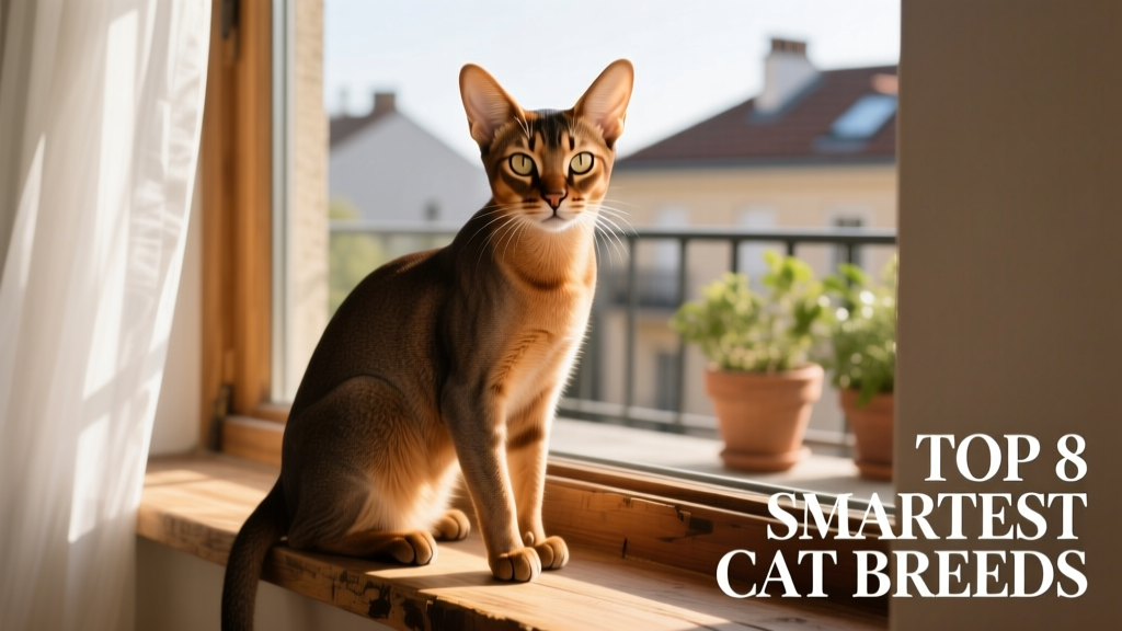 A sleek, athletic Abyssinian cat with large ears and alert, almond-shaped eyes sitting confidently on a sunlit windowsill
